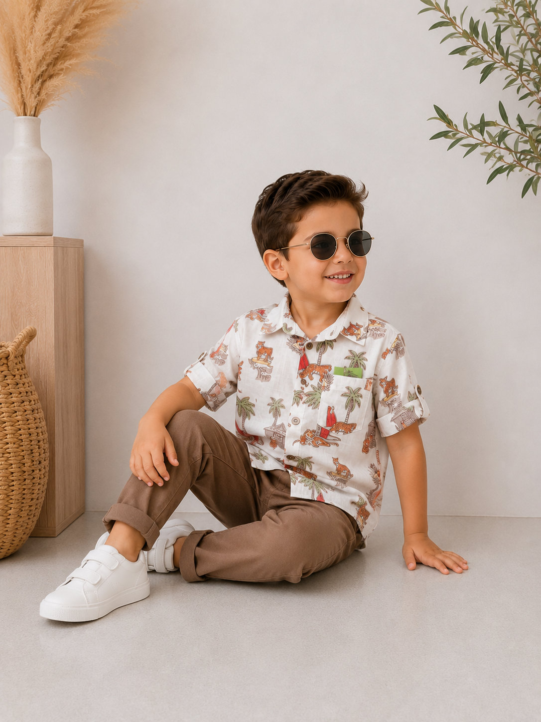 Milo Desenli Keten Gömlekli Erkek Çocuk Pantolon Takımı
