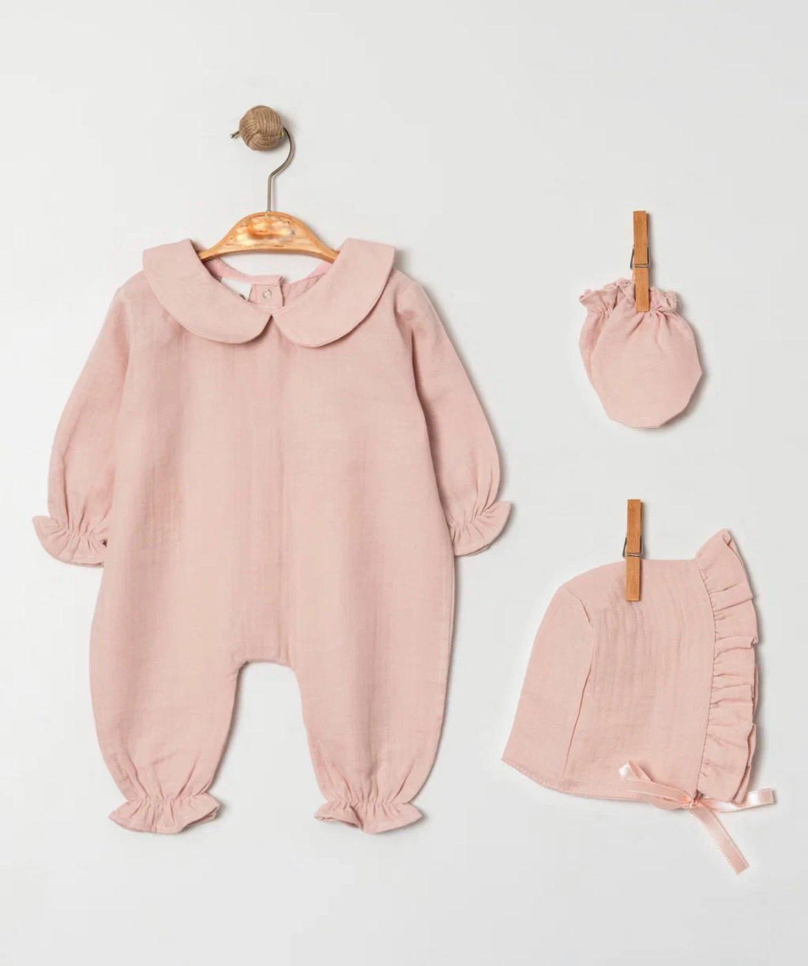 Éloise Kişiye Özel Pudra Pembe Müslin Yenidoğan 3'lü Set