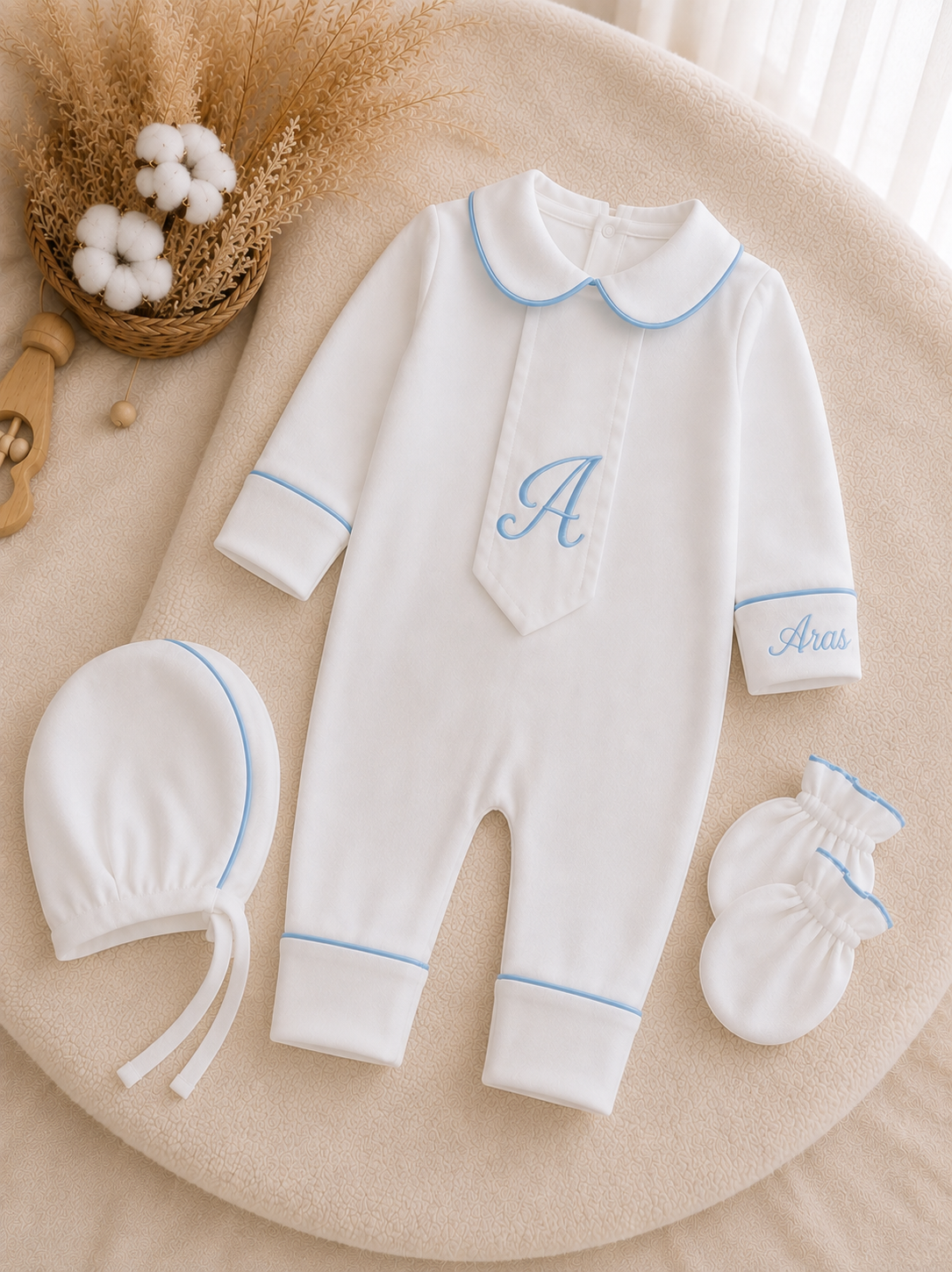 Arlo Kişiye Özel Bebe Mavi Biyeli Penye Kravatlı 3'lü Hastane Çıkışı Seti