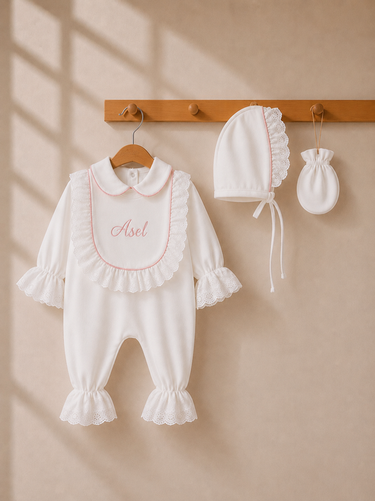 Élodie Pembe Simli Biyeli Kişiye Özel  Yenidoğan Fistolu 3'lü Tulum Set
