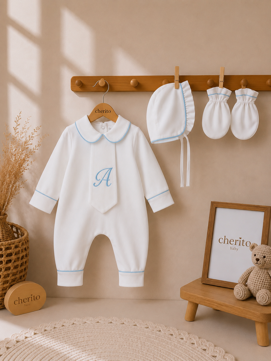 Arlo Kişiye Özel Bebe Mavi Biyeli Penye Kravatlı 3'lü Hastane Çıkışı Seti