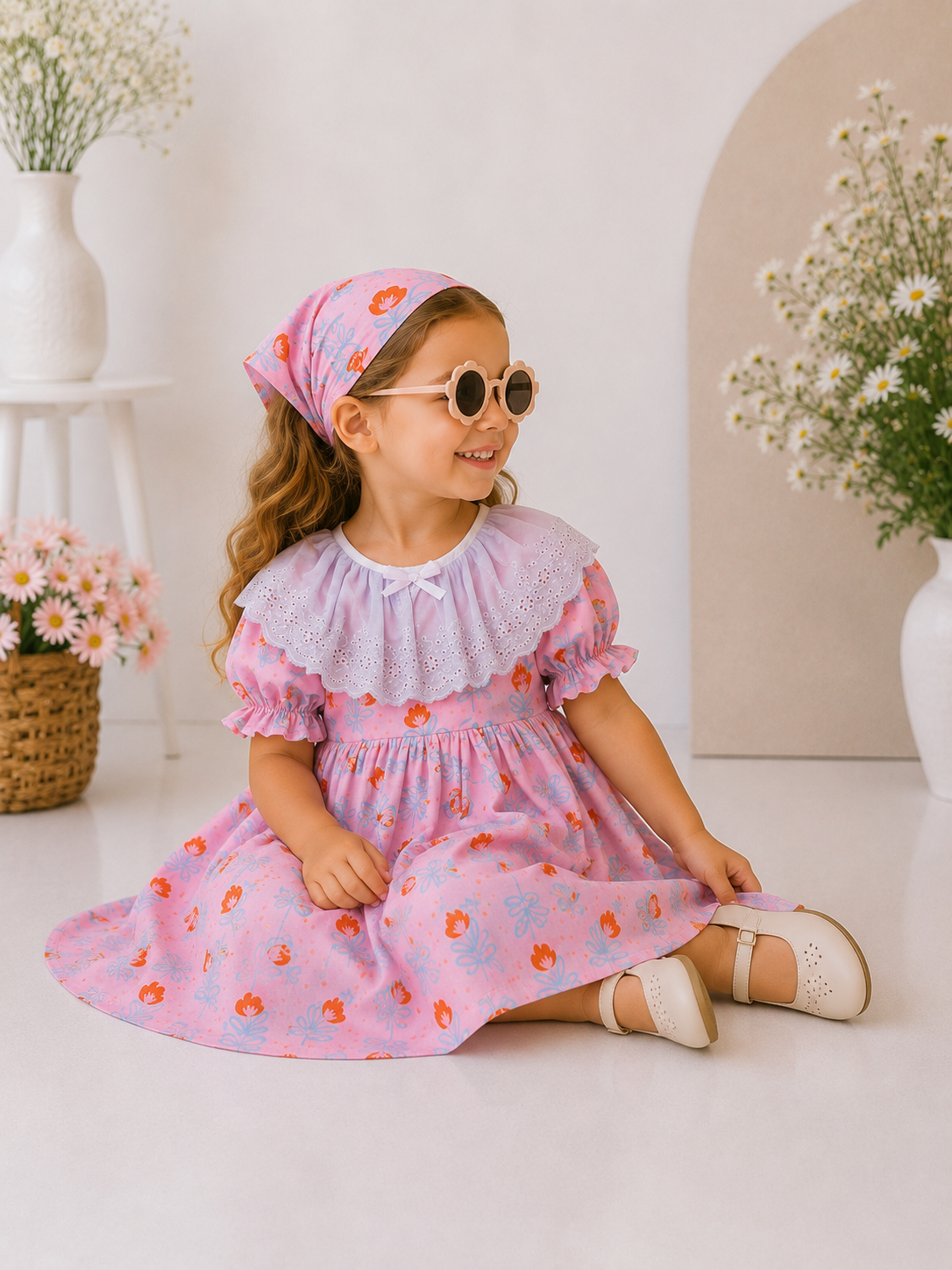 Livia Çiçek Desenli Poplin Kız Bebek Çocuk Elbisesi & Bandana Takımı | 1-5 Yaş