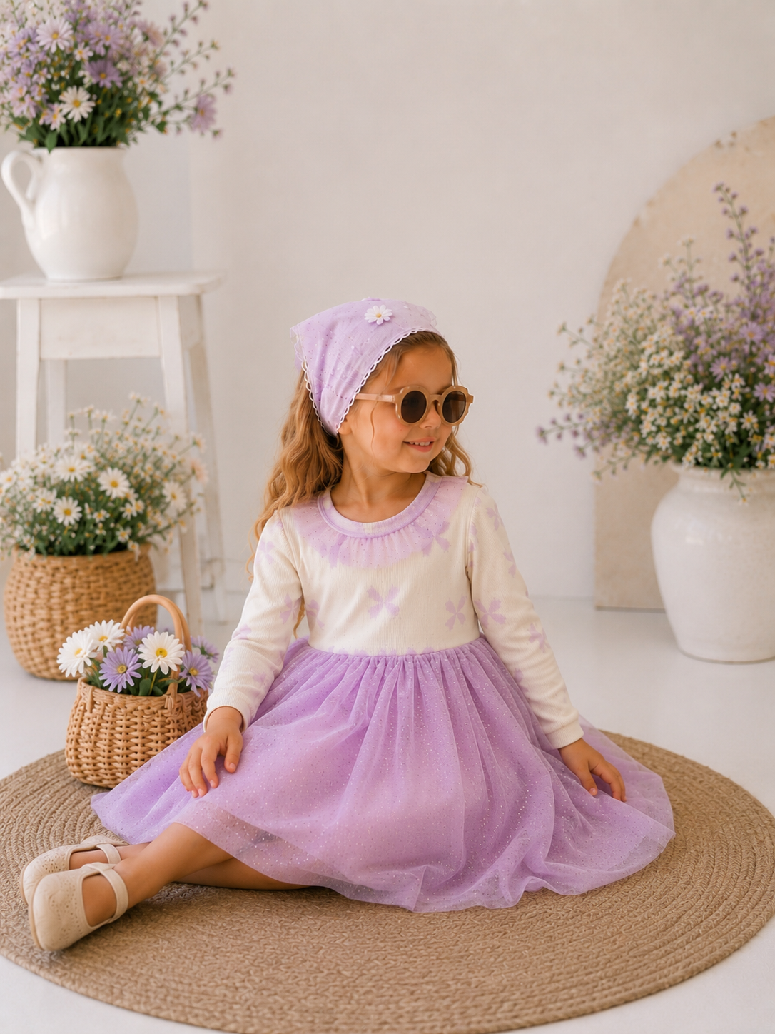 Luna Simli Tül Etekli Fitilli Penye Kız Çocuk Elbisesi – Lila | 2-7 Yaş