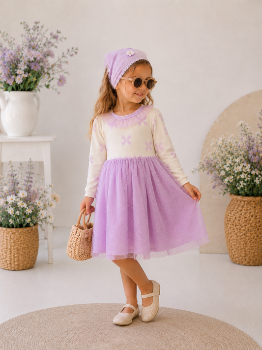 Luna Simli Tül Etekli Fitilli Penye Kız Çocuk Elbisesi – Lila | 2-7 Yaş