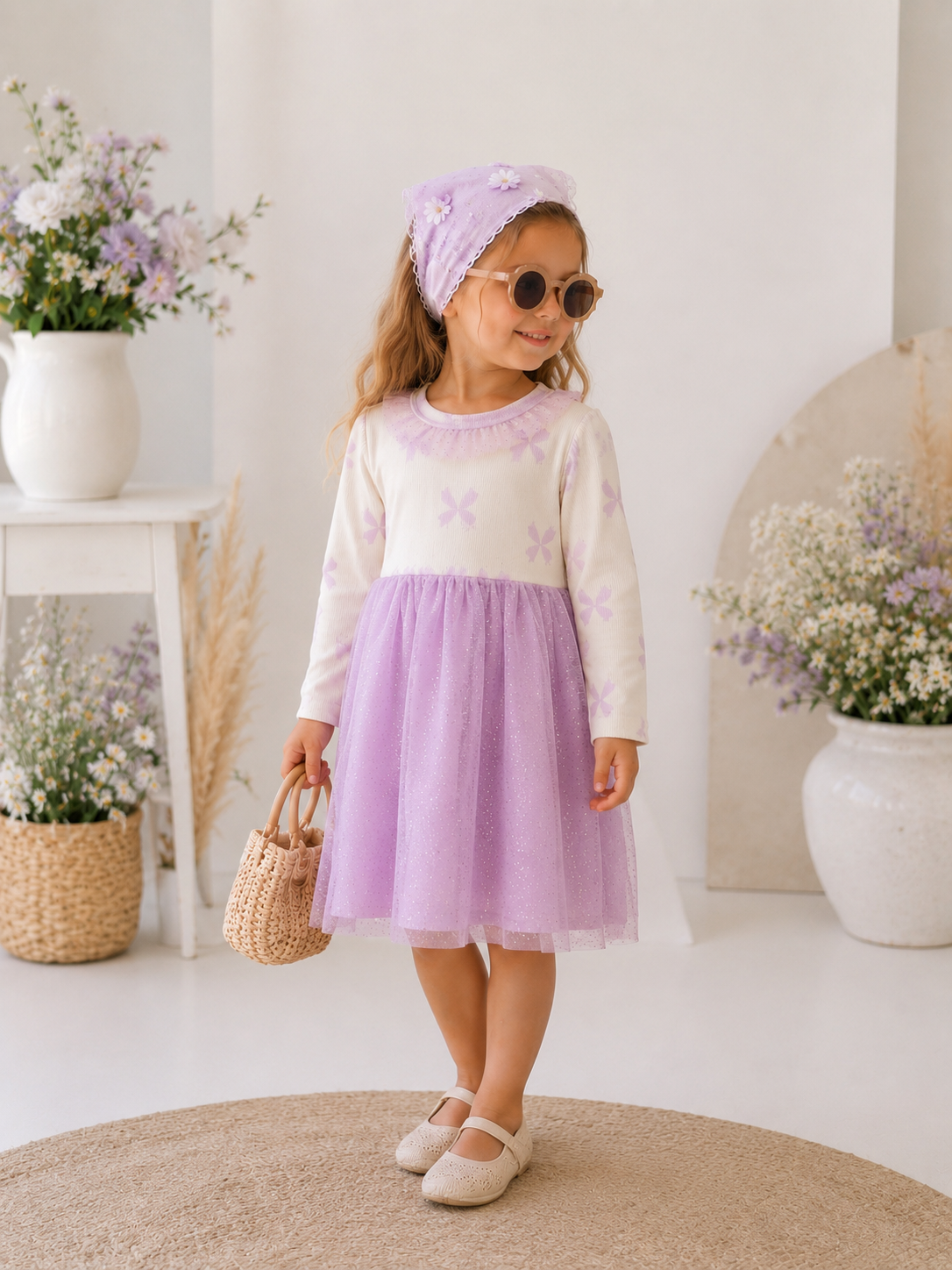 Luna Simli Tül Etekli Fitilli Penye Kız Çocuk Elbisesi – Lila | 2-7 Yaş