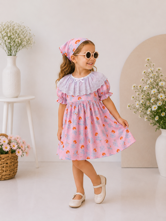 Livia Çiçek Desenli Poplin Kız Bebek Çocuk Elbisesi & Bandana Takımı | 1-5 Yaş
