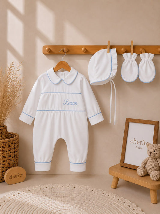 Luca Kişiye Özel Bebe Mavi Biyeli Pamuk Saten Yenidoğan 3'lü Set