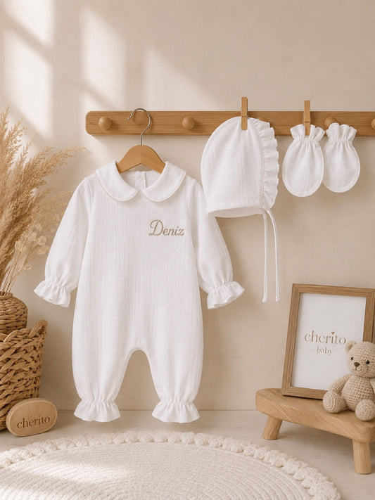 Noah & Nora Kişiye Özel Beyaz Müslin Yenidoğan 3'lü Set