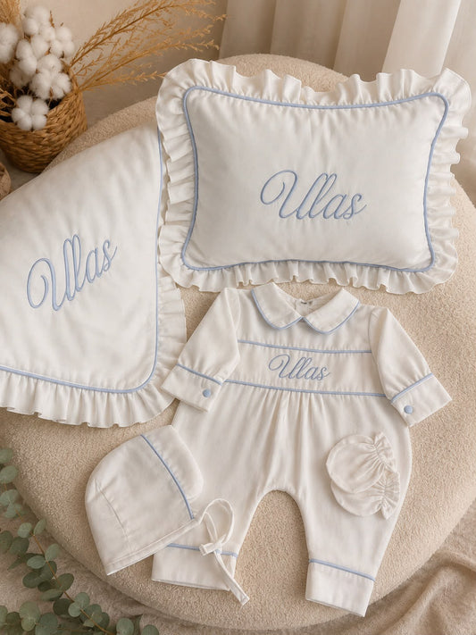 Milo Kişiye Özel Bebe Mavi Biyeli Pamuk Saten Yenidoğan 5'li Hastane Çıkışı Seti